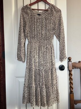 Beige & BrownPrint Long Sleeve Tiered Midi Dress & Elastic Waist,  Lined Size 8